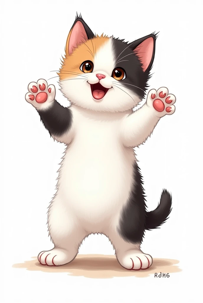 Drawing of a white, black and brown kitten standing upright, showing its paws in a wild way, but it is happy and is more white than black.