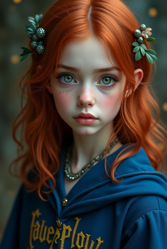 Young girl with medium length dark red hair, with eyes that vary between green, gray and light brown, fair skin and blue Ravenclaw robes.