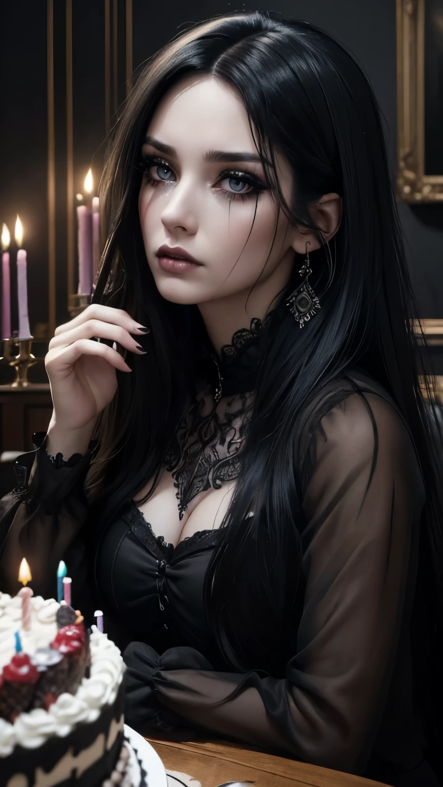 (best quality,4k,8k,highres,masterpiece:1.2),ultra-detailed, ((long black hair)), pretty, gorgeous, beautiful, gothic, living room background, dejected expression, gaunt eyes, ((black makeup)), sad, hazel eye color, sad, depressed, moody aesthetic, moody, messy hair, makeup running, crying, birthday cake, tesrs