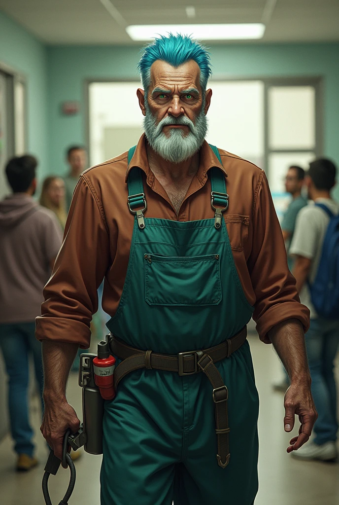 A muscular old janitor from a school,with blue hair,with bright green eyes