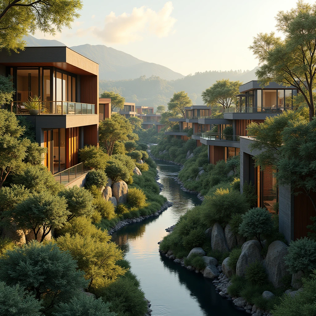 a beautiful modern style neighborhood, detailed architecture, intricate details, photorealistic, cinematic lighting, warm color tones, lush greenery, clean lines, minimalist design, natural materials, panoramic view, atmospheric, serene, tranquil, idyllic, stunning, breathtaking
