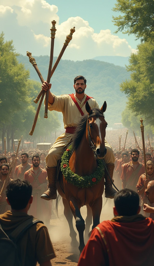 Tarot，A man rides on a horse，6 Wands，Some people support，wreath