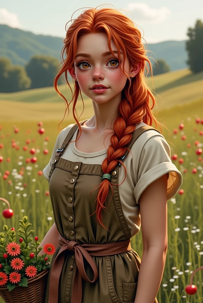 Girl Long, wavy hair with an intense reddish tone, with copper highlights under the sunlight. Her hair is usually up in a messy braid or tied with a simple fabric ribbon, with a few loose strands framing her face. Large, expressive eyes, light brown in color, with a warm glow that reflects his kindness and connection with nature. Her eyelashes are long and dark, giving a touch of sweetness to her look. Skin His skin is light with a hint of pink, slightly tanned by the sun due to the long hours he spends working outdoors. Small freckles can be noticed scattered across her face and shoulders, especially on her nose and cheeks. Face Its face is oval and soft-featured, with rounded cheeks that often turn red from physical exertion. She has full, well-defined lips, with a natural pink color. His nose is small and slightly turned up. Body with a curvy silhouette, with pronounced hips and a strong but feminine figure. Their arms and legs show defined muscles, the result of physical work, but they maintain a delicate appearance. His posture is upright and confident, but with a touch of humility. Wear a simple work dress made of sturdy fabric, such as cotton or linen, in earthy tones such as brown, beige, or olive green. The dress is worn around the edges, a sign of constant use, and is tied around her waist with a brown leather belt. His boots are sturdy, made of dark leather and a little worn, designed to withstand long days in the field. At times, she may be barefoot, showing feet that have known hard work but move with grace. Bring a basket or flowers picked from the field.