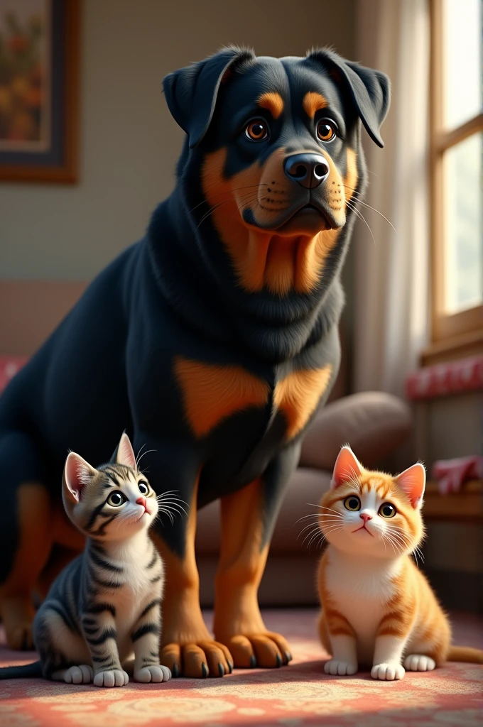 Rottweiler dog with two cats