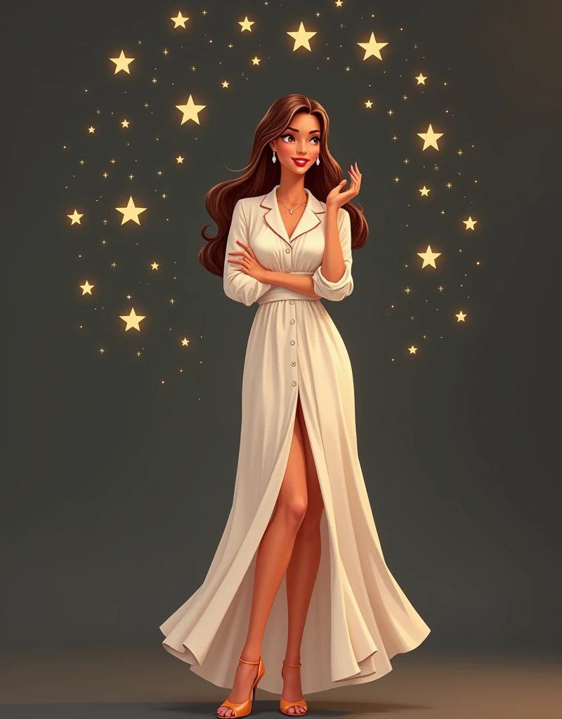American 60 years old stylish modern fancy long hairy woman wearing Stars Above Women’s Beautifully Soft Notch Collar NightGown: This nightgown is known for its super soft fabric and timeless, preppy feel. It’s available in multiple sizes and colors.high heels lipstick and long earings