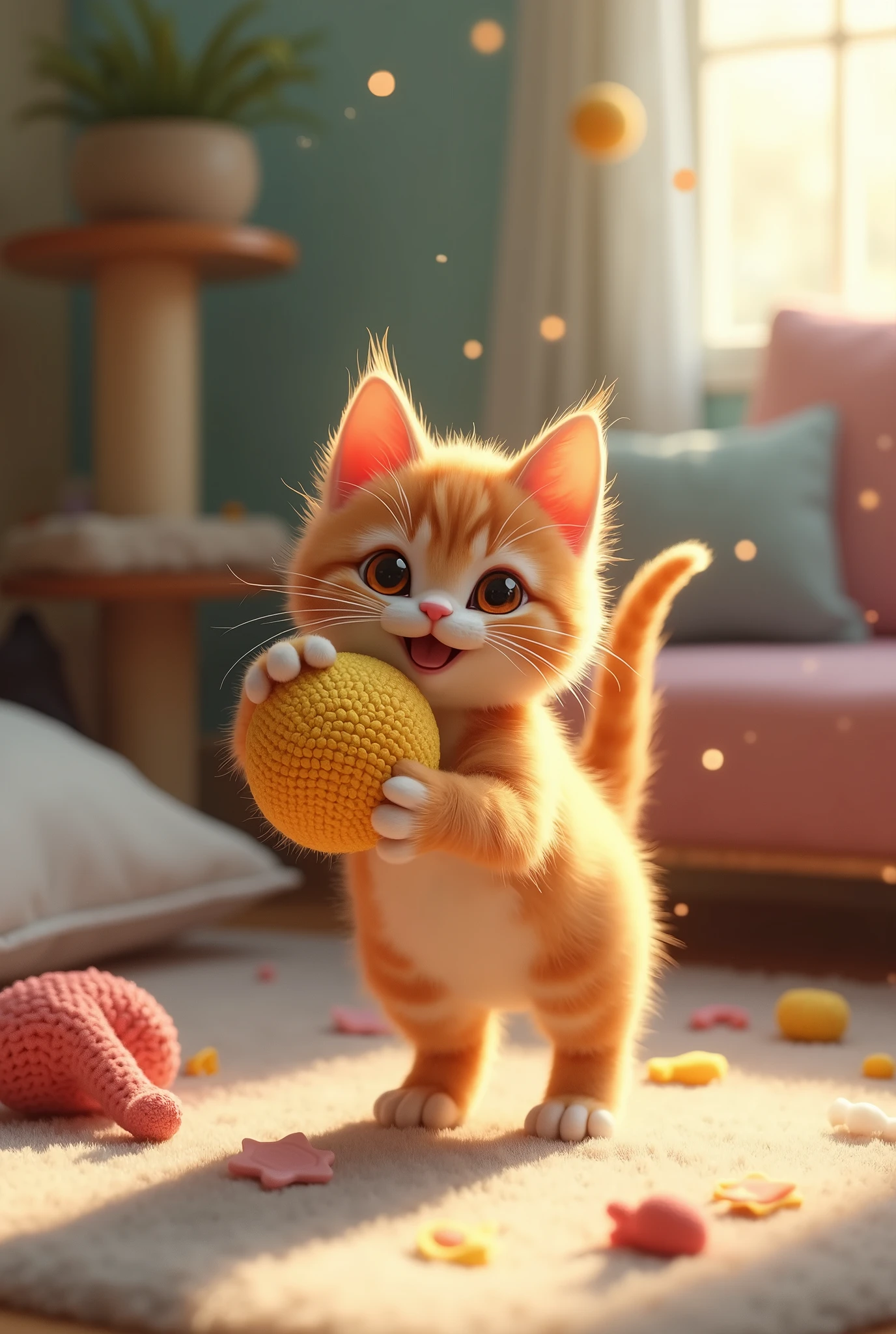 Ginger kitten playing with a ball