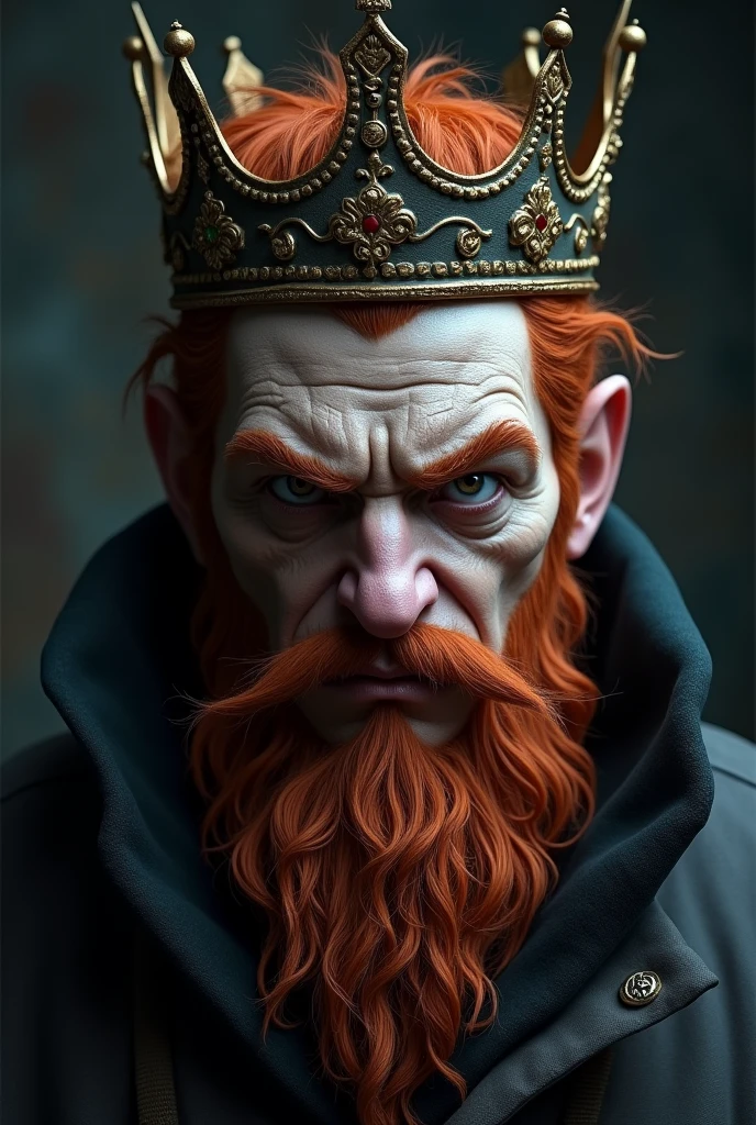 king man , dark orange hair, malicious expression , scruffy beard , Oval face , wearing a crown