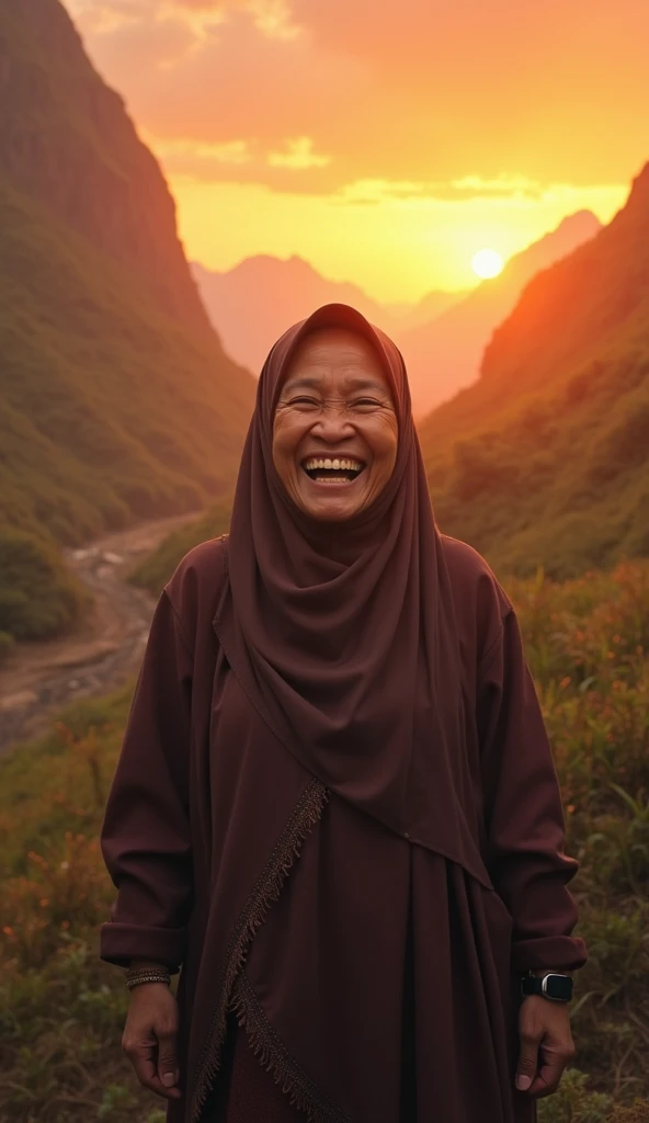 A 50 old women indobesia muslim person who is laughing as if free from problems, a confusing atmosphere with a unique panoramic background, there is a reddish yelow bias in the sky and an atmosphere that is rarely known to humans man.