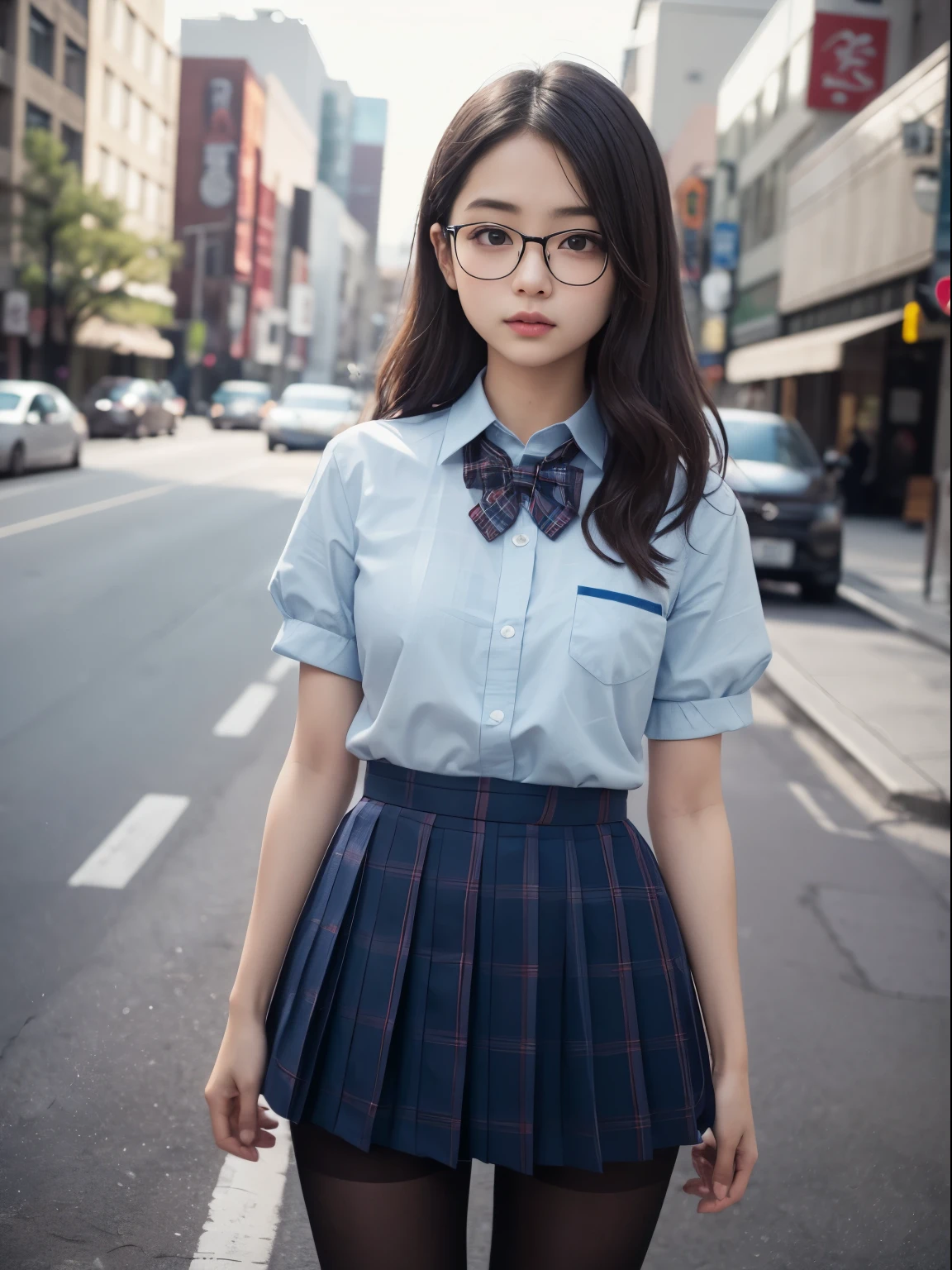 (8k、生photograph、 Highest quality、masterpiece:1.2)、Shortcuts,(Small eyes)、((Black Pantyhose))、((Small breasts)、(Small breasts)、(Small breasts)、(Cutting board)、(Half an eye))、((Sleepy eyes))、((Squint your eyes))、(Round Glasses)、Droopy eyes、One person、cute、JK、high school girl、Japanese women、(Are standing)、(PhotoReactive:1.37)、Photon Mapping、Real、(Very delicate face)、round face、cute小さな顔、Brown eyes、(Red bow tie)、Radio City、Physically Based Rendering、Prospect、Character boundary depth、Blurred Background、photograph、、body、Beautiful feet、Long legs、Thin legs、(前hairが見える)、hair、lips、Blue_The目、Soft Nose、(Light blue shirt)、(Navy, blue and white plaid pleated skirt)、High school uniforms、See-through clothing、Thighs、black cotton socks、Nogizaka Idol、Japanese Idol