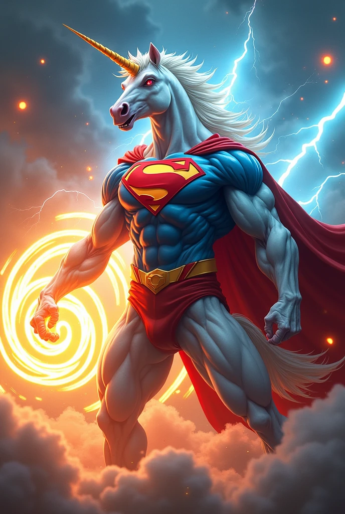 Create an image of a super muscular humanoid unicorn dressed in a Superman costume, performing the Rasengan from Naruto. The unicorn stands powerfully, with a fierce expression, as it channels swirling energy into the Rasengan in one hand. The background is charged with energy, with lightning and wind effects radiating from the Rasengan, emphasizing the strength and intensity of the character