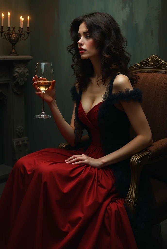 Brunette woman with curly hair, With glass of wine in hand, long red and black dress in a grave smiling