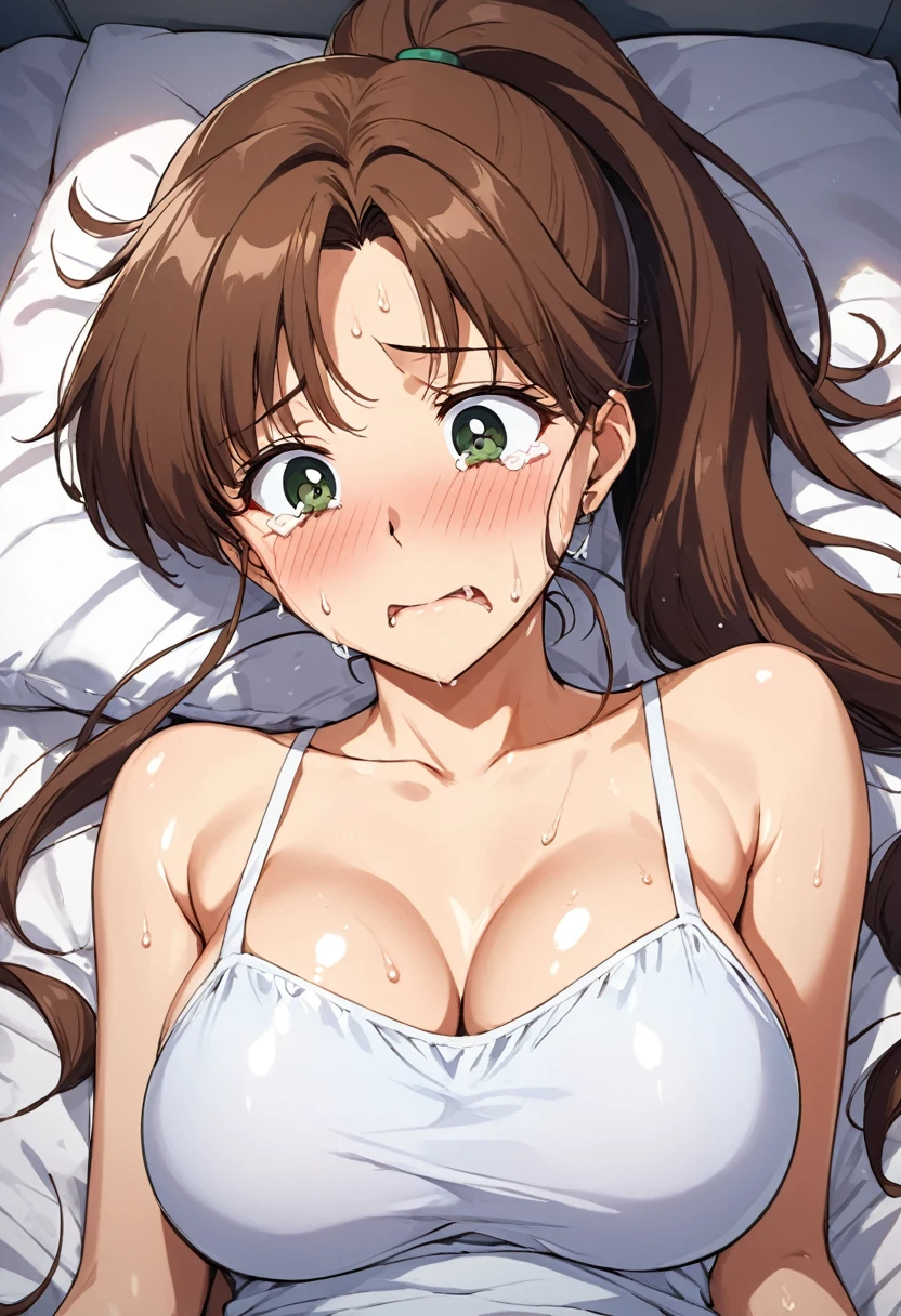 masterpiece, Highest quality, High resolution, (Makoto Kino),1990s \(style\),height: 175cm, Brown long hair,ponytail、 sexyな長い脚, Oversized camisole,No bra,Shorts, Bedroom,(E-cup beautiful breasts)、Sweating all over the body、Muscular、(sexy)、(Face writhing in pleasure)、Sweaty、Configuration from the front、Shyness、blush、(Climax)、(Crying face),look up,Anime-style painting style,Composition focusing on the upper body、Lying on your back,sex
