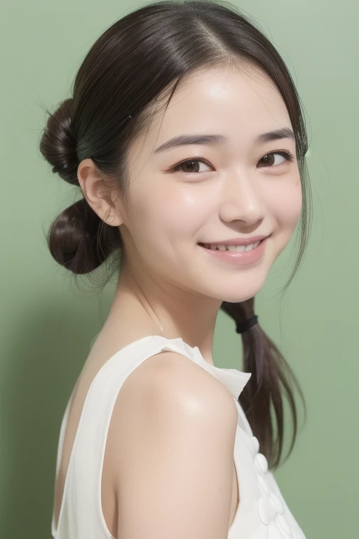 1girl, cute girl, , (tareme, short-eyes:1.5), (oval face, droopy eyes:1.4), green eyes, eye highlights, blush, smiling, flat hair, no bangs, forehead, center-parted-forehead, side swept to back, low-ponytail, medium hair, black-hair,