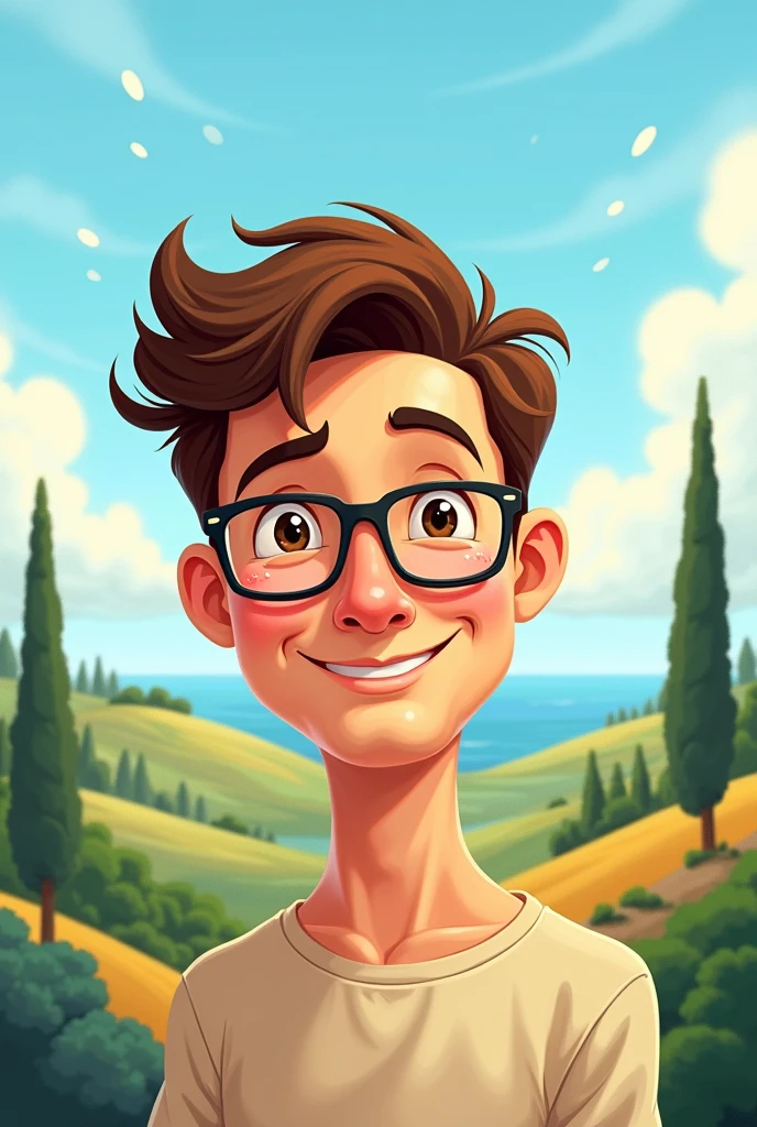 2D CARTOON DRAWING OF A MAN WITH SHORT BROWN HAIR, White skin, WITH GLASSES BROWN EYES WITH SICILY BACKGROUND
