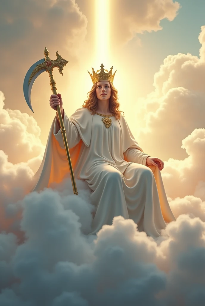 Giantess, White egyptian goddess clothing, gold high heels, toned and athletic body, massive strength, really big breasts, gold eyes, blonde long hair, gold jewellery, gold headpiece, superior expression, sitting on a gigantic throne made out of marble, smoke and clouds roil around her, epic scale and drama, dark gloomy lighting, realistic, tense and ominous atmosphere, majestic, powerful, goddess, perspective from below, hand on hip, looking downwards at a s,all human man in work clothing, bending downards to look at POV. Fullbody. 