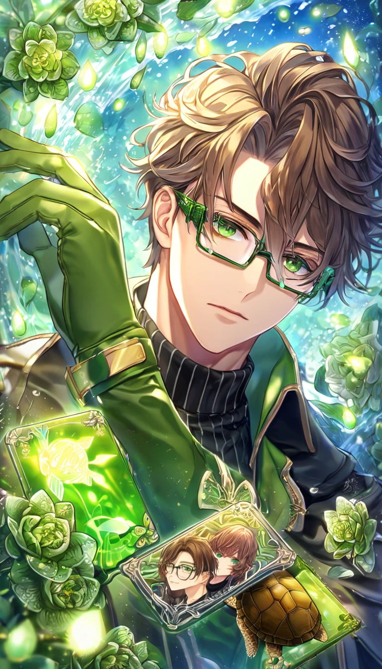 absurdres, highres, ultra detailed, HDR, master piece, Kento, mousy brown hair, messy hair, expressive green eyes, square glasses, black long jacket with turtle neck, green gloves, Amnesia Memories, sexy man, handsome, best quality, green blossoms, green petals, green flowers, fantasy, magical, green shining fireflies, solo, water, clover cards,