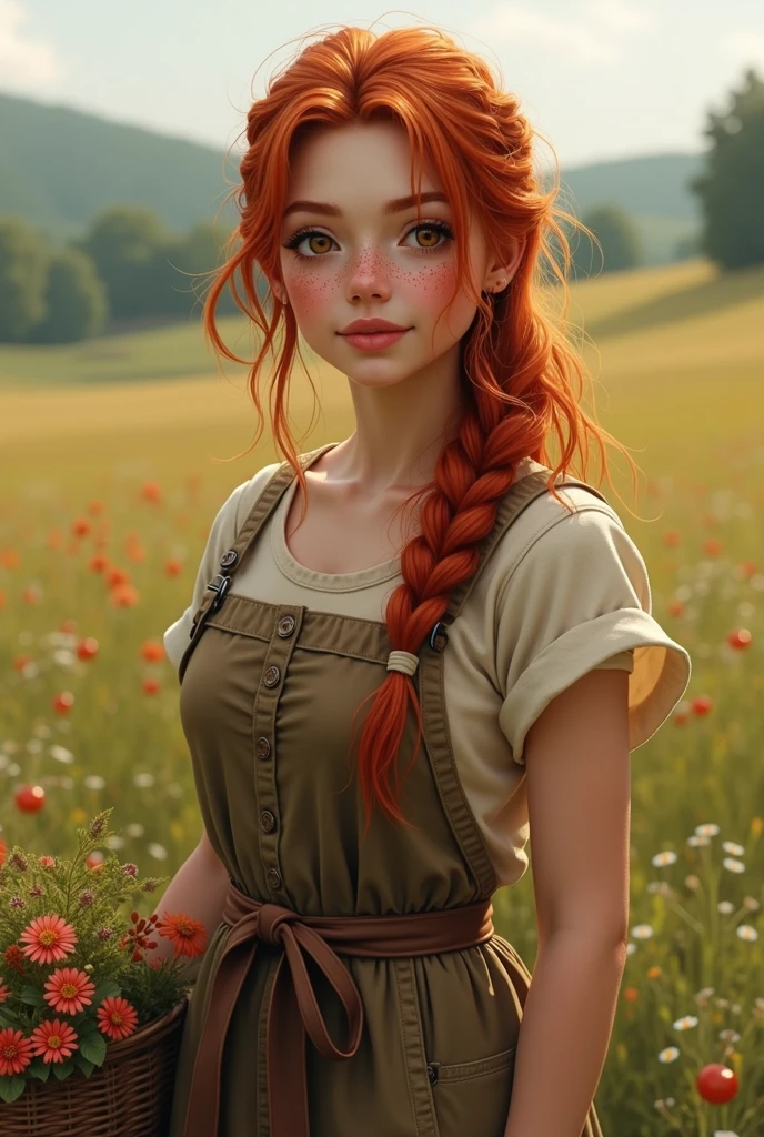 Girl Long, wavy hair with an intense reddish tone, with copper highlights under the sunlight. Her hair is usually up in a messy braid or tied with a simple fabric ribbon, with a few loose strands framing her face. Large, expressive eyes, light brown in color, with a warm glow that reflects his kindness and connection with nature. Her eyelashes are long and dark, giving a touch of sweetness to her look. Skin His skin is light with a hint of pink, slightly tanned by the sun due to the long hours he spends working outdoors. Small freckles can be noticed scattered across her face and shoulders, especially on her nose and cheeks. Face Its face is oval and soft-featured, with rounded cheeks that often turn red from physical exertion. She has full, well-defined lips, with a natural pink color. His nose is small and slightly turned up. Body with a curvy silhouette, with pronounced hips and a strong but feminine figure. Their arms and legs show defined muscles, the result of physical work, but they maintain a delicate appearance. His posture is upright and confident, but with a touch of humility. Wear a simple work dress made of sturdy fabric, such as cotton or linen, in earthy tones such as brown, beige, or olive green. The dress is worn around the edges, a sign of constant use, and is tied around her waist with a brown leather belt. His boots are sturdy, made of dark leather and a little worn, designed to withstand long days in the field. At times, she may be barefoot, showing feet that have known hard work but move with grace. Bring a basket or flowers picked from the field.