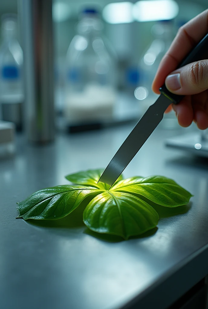 Scalpel cutting a muña leaf into four parts in a laboratory room