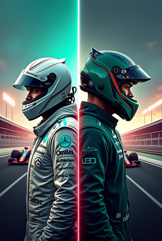 Formula 1 book cover with Mercedes driver and Aston Martin driver on opposite sides