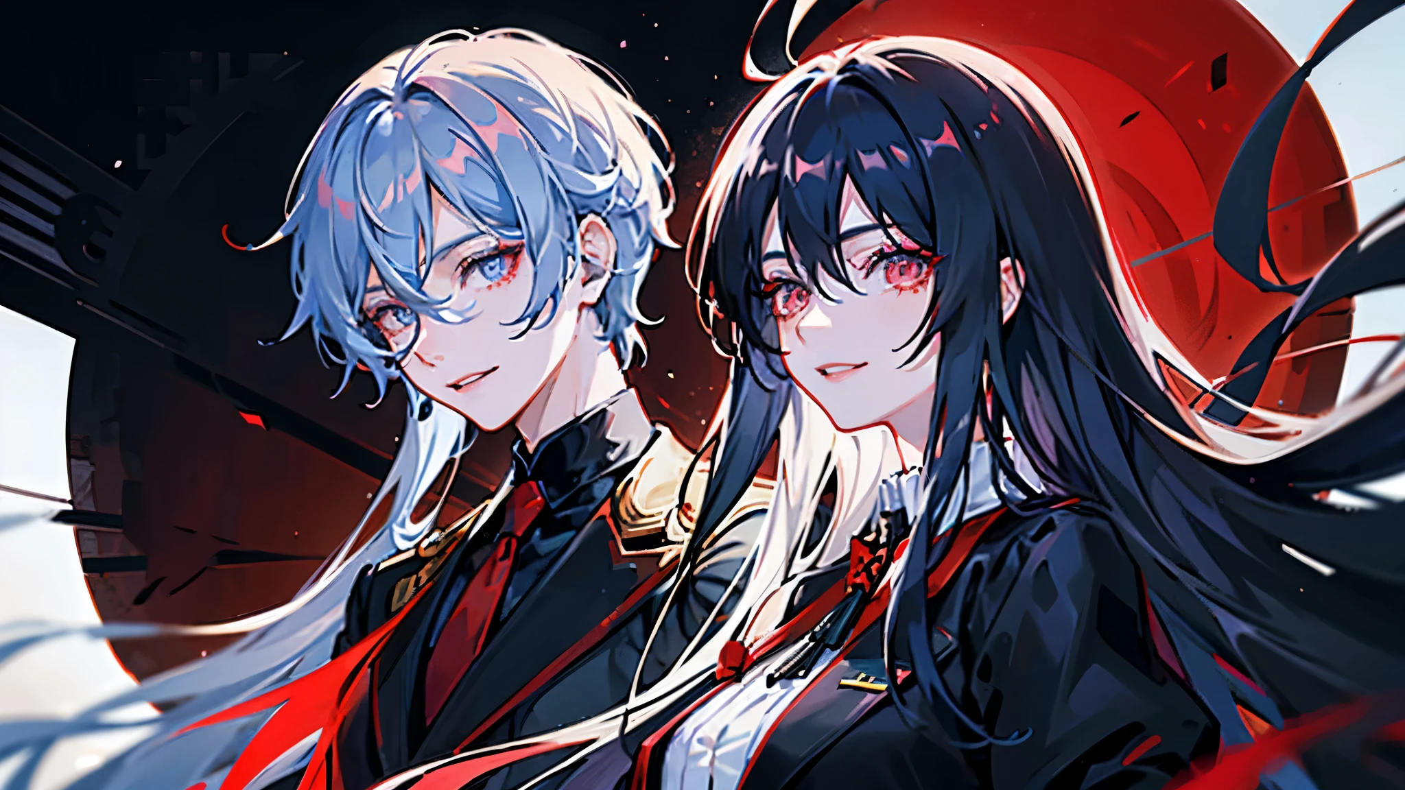 Anime boy, crimson eyes, detailed eyes, long eyelashes, dark blue hair; long flowy hair, shoulder-length hair, red sunglasses with black lenses, soft smile, smiling with teeth, black suit, white collared shirt, black tie, relaxed, gradient background