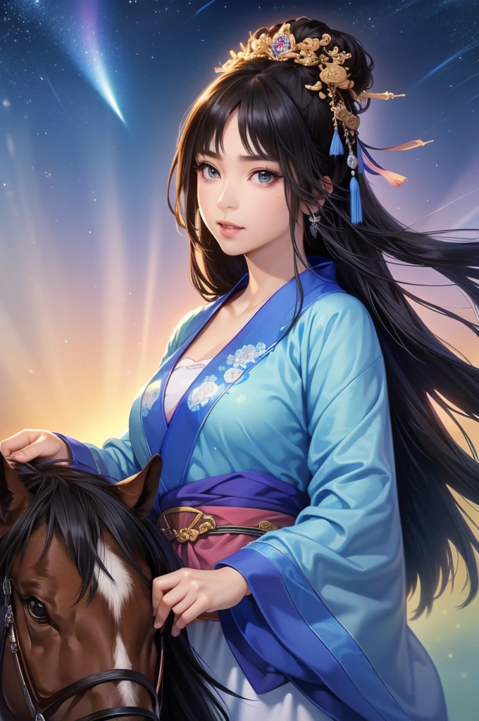Starry sky landscape、shooting star、Outdoor、 Han Dynasty Landscape、Three Kingdoms、(Highest quality,4K,8k,High resolution,masterpiece:1.2)、Very detailed, High resolution,、Hyper HD、Studio Lighting、Ultra-fine painting、 Sharp focus、 Physically Based Rendering、 Very detailed説明、 Professional、 Vibrant colors、Traditional Chinese Painting Techniques、 Atmospheric lighting、 Vivid color contrast、 Ethereal atmosphere、Very detailed目と顔、 Beautiful attention to detail、 Light on the face、Hanfuを着た少女、(Hanfu: 1.1)、Eyes are green、(((1 girl)))、Dancing on the mountaintop