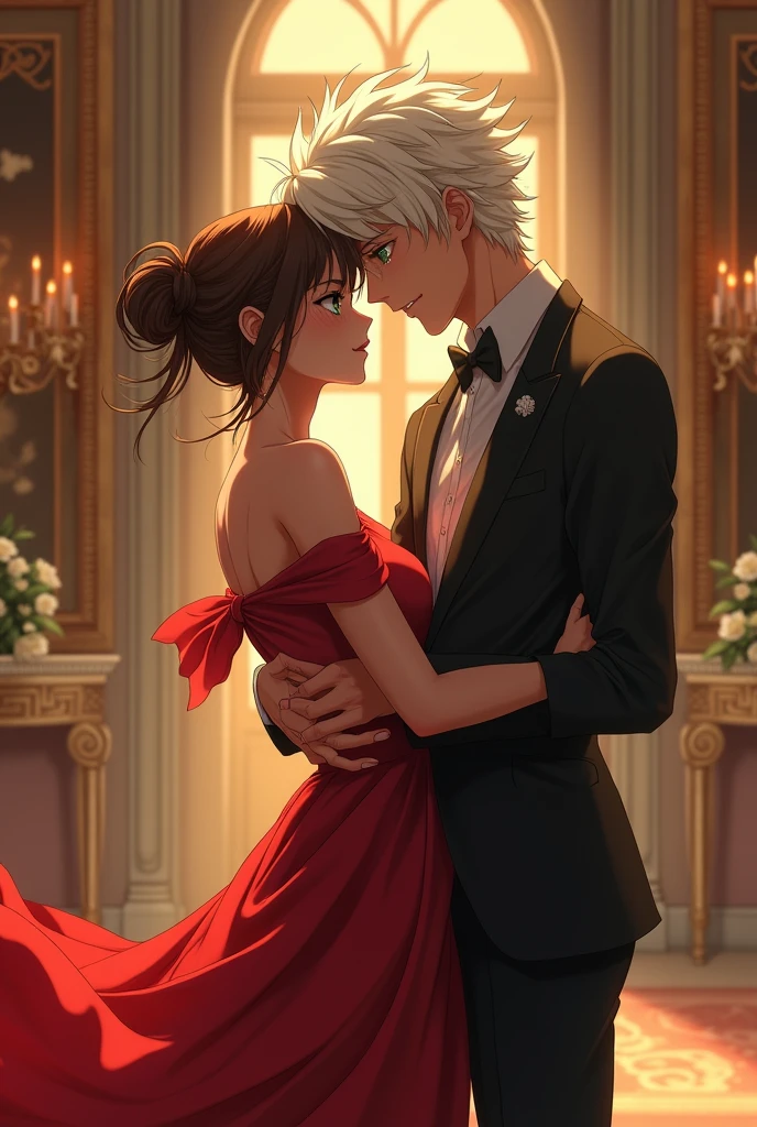 brown hair messy bun woman crying with brown eyes,tan skin a tall man with white blonde hair,plae skin and green eyes he dancing woth her in a ball room she wear a red dress anime skin