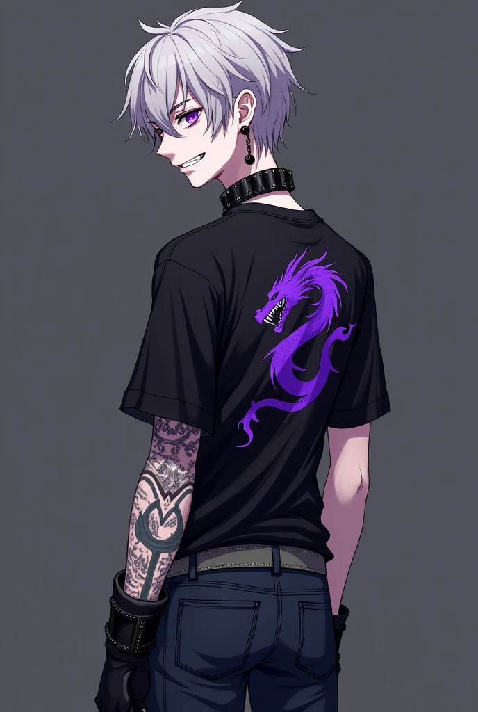a boy with a tall and moderately muscular build, his torso consists of an inverted triangle shape, having broader shoulders and a narrower waist, his skin is almost completely pale in color, due to his modifications his eyes are completely purple in color. , his hair is styled with a middle line similar to an open book, his smile is completely white and linear without imperfections and also shows small fangs, his jaw is also marked, he has a dragon tattoo on the left side of his neck, anime style, A pair of white cat ears just like her hair on top of her head and attractive. His clothing is based on, He wears wide gray boots with short heels that reach above the ankle with wool embroidery, he wears dark blue jeans, his shirt is completely black with the symbol of a descending dragon on his back, the symbol that It stands out due to its purple color, it does not match the black color of the shirt, on its neck it is surrounded by a black punk or gothic necklace with a strap, on the front it is held by two small black chains that at the bottom hold . a large black ring, She wears black fingerless leather gloves that extend over her forearm, as well as her left ear with quite a few piercings and a black dangling cross earring, her belt is gray with studs that tie it to her pants, she wears a pair of black round glasses.