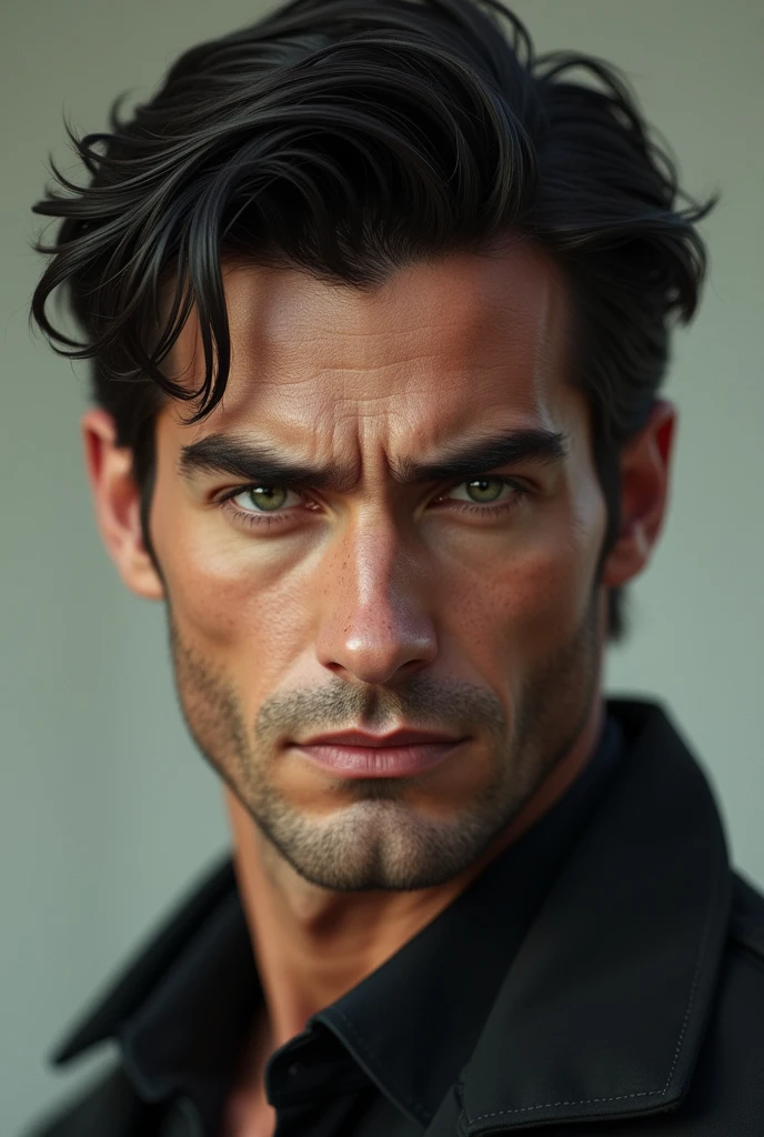one men, clear green eyes, dark haired, tall, fair-skinned