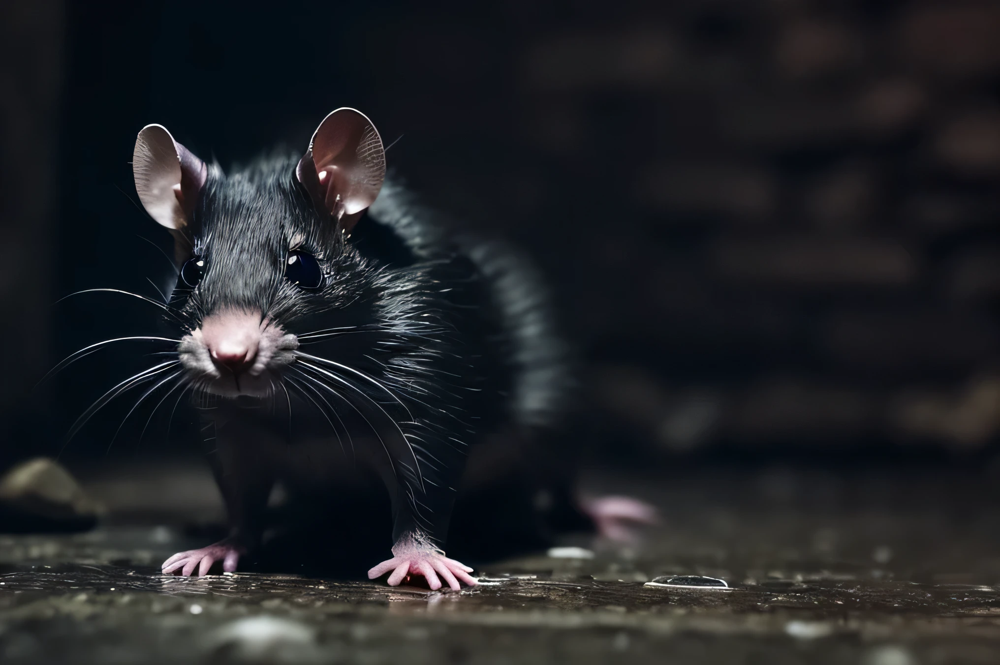 A close-up view of a small, dark, and sinister rat in the dim light of Hyrule Castle's underground dungeon. The rat's beady, glowing eyes peer out from the shadows, and its sharp, yellowed teeth are slightly bared. Its fur is scruffy and dirty, with patches of grime clinging to its body. The rat's long, pink tail curls around a piece of broken stone on the damp, cold floor. Nearby, a few other rats scurry through the darkness, their tiny claws scratching against the stone. The scene is filled with an eerie silence, broken only by the occasional squeak and the soft, echoing drip of water from the ceiling.