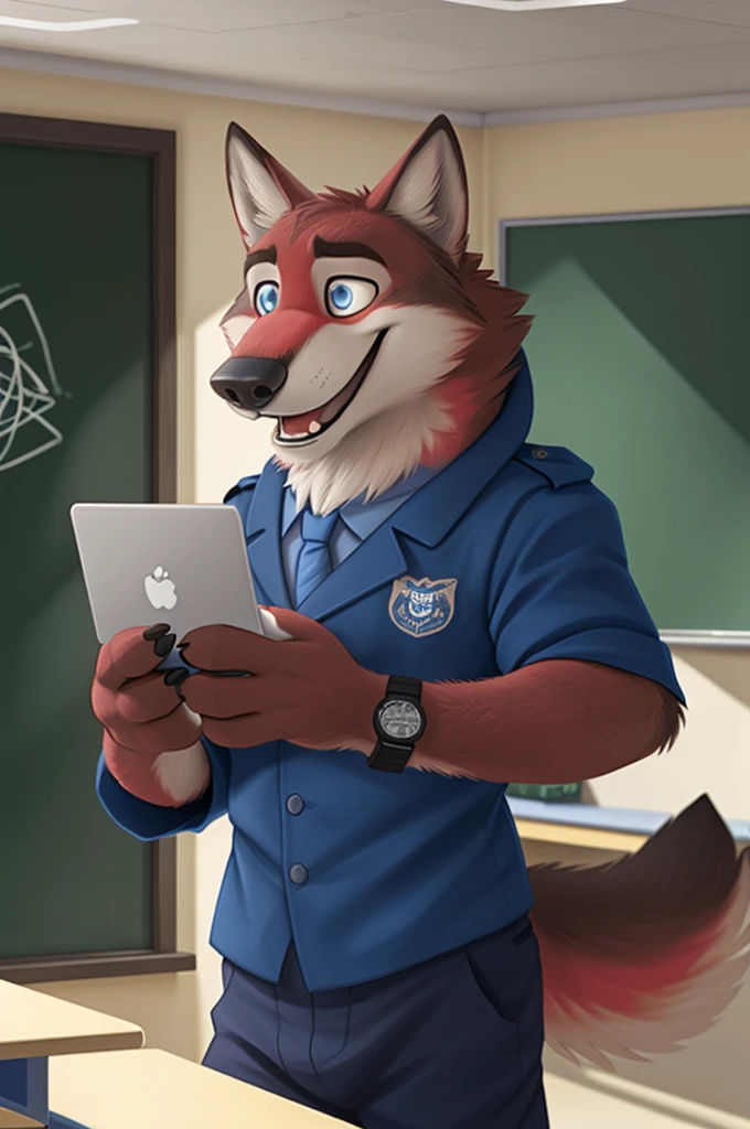 Joachim Wolfbach, children, Schoolchildren, the wolf, Grade 1, Schoolchildren,(Zootopia),tall handsome, wolf,young, 24 years, brown fur,(red body:1.3),Blue eyes, Moscow Dressed in a white jacket, shirt,red bow tie,trousers, canine, wolf, detailed fur, Male, second, paw pads, finger claws,Holding a laptop in my hands, At the viewer, 5 fingers, paws, 5 fingers, smile, happy, resting, wrist watch, т nextel, сижу cabinetе, sort, school, by xenoforge, (difficult, high detail, film photography, soft focus, RAW, pilot in training,smile смех, school teacher, cabinet, sort,Primary School Teacher, Standing at the blackboard, open mouth, teaches photorealism, realistic, photorealistic, analog style, subsurface scattering, 
masterpiece, Best quality, ultra realistic, 8 thousand.)