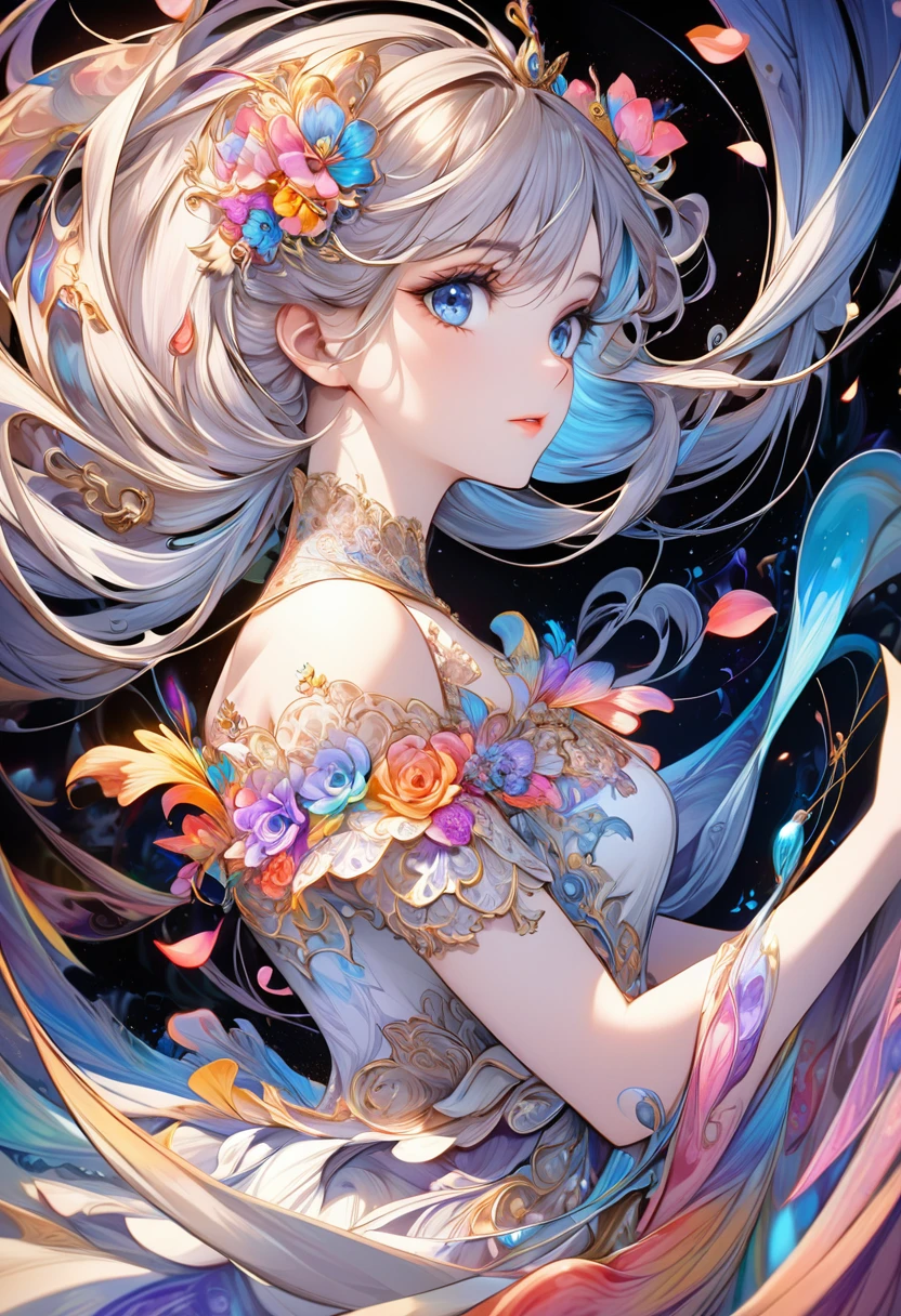 (One girl, alone, From the side From the side), Very detailed, (Abstract background, Tangled, Fractal Art:1.3), (Colorful, colorful:1.1), (Fater, petal, Flowers Bloom:1.3), Dynamic Pose, 耳Nipple Ring，Portrait of a Princess, , In the art style of Bouwater, Baroque style fluffy skirt，Fantasy art style, Beautiful fantasy maiden，Exquisite and perfect facial features，Beautiful and delicate eyes，Long eyelashes，Delicate eyeliner，blue eyes，Dark pupils，，There&#39;s a light in the eye，Almond Eyes，Beautiful lip detail，8K high-resolution cutting method correction，Oil painting, thick paint style，Messy black hair，cottage in the woods，colorful birds