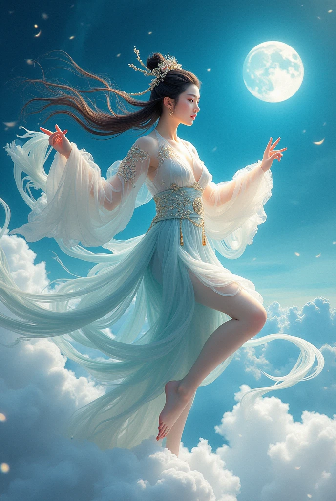 In a captivating image, an elegant woman clad in a white Chinese gown glides through the sky atop a mythical Chinese dragon. As they traverse the heavens, her flowing gown and the dragon's iridescent scales create a mesmerizing vision of harmony and otherworldly beauty. 
hdr, (photorealism, masterpiece quality, best quality), , pureerosface_v1,ulzzang-6500-v1.1,