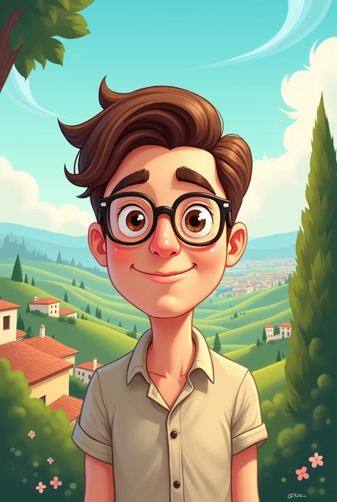 2D CARTOON DRAWING OF A MAN WITH SHORT BROWN HAIR, White skin, WITH GLASSES BROWN EYES WITH SICILY BACKGROUND