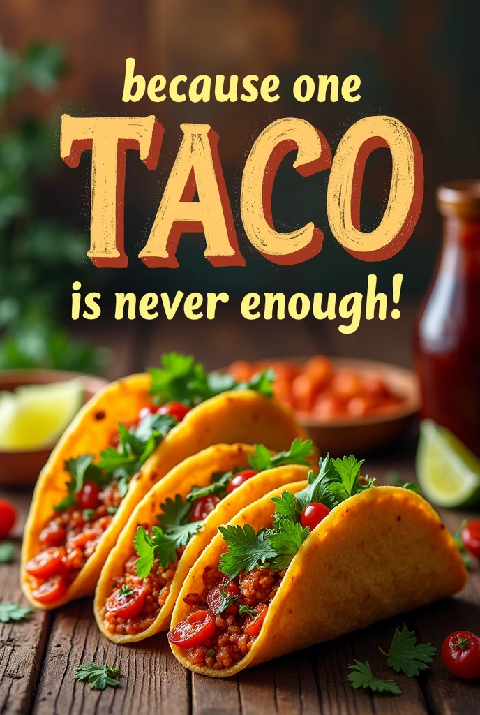 Generate an attractive slogan in an image for a taco company "Tacos Laying Down" Considering that the name is inspired by the musical genre of Corridos Tumbados, Give me an attractive essence with the phrase "Because one taco is never enough!"