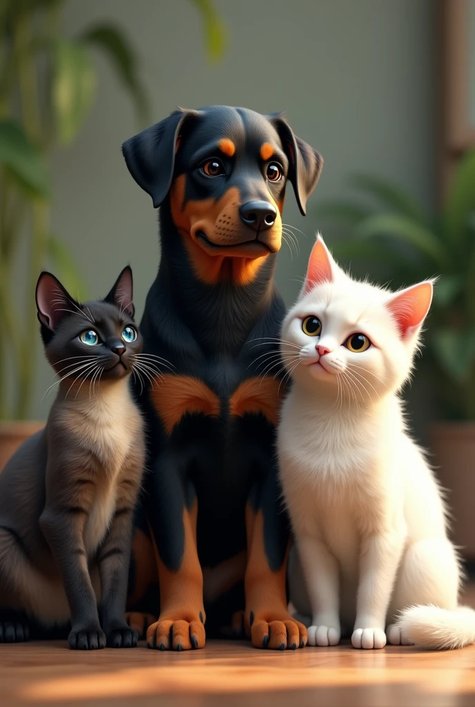 Rottweiler dog with a Siamese cat and a white cat 
