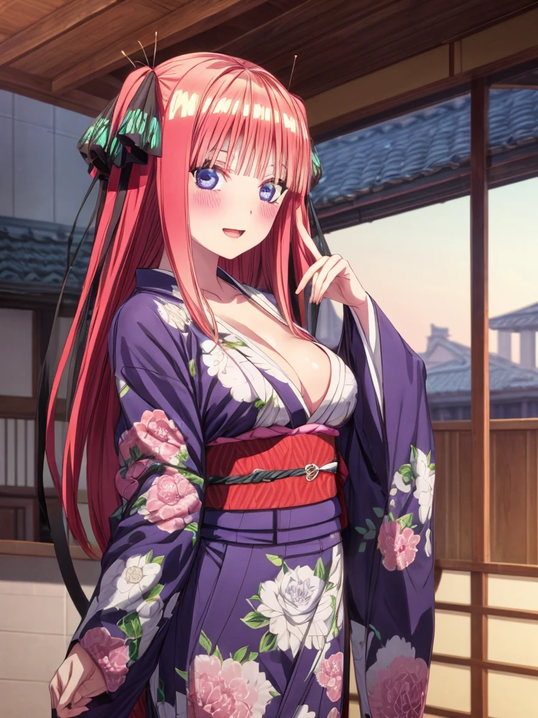 best quality, insanely detailed, nino nakano, breasts, blush, looking at viewer, cheerful eyes, arousal, kimono, highleg kimono, tight kimono, roof top background
