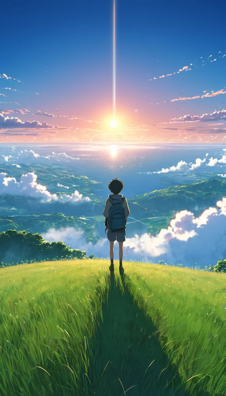 Beautiful and serene anime scenery., ((con efecto bintage de clear sky)), Sunset ((without clouds)), dreamer, incredible. A boy looking towards the empty horizon., an incredible clear sky, fascinating, dreamer, surreal, well detailed, photoshop, anime-realist, Fondo de pantalla de animated landscape, animated landscape, Fondo de pantalla de animated landscapes, anime beautiful scene peace, hermoso animated landscape, anime sky anime. By Makoto Shinkai, Rhads y Lois Van Baarle, makoto shinkai cyril rolando, animated background art, 4k anime art wallpaper, clear sky