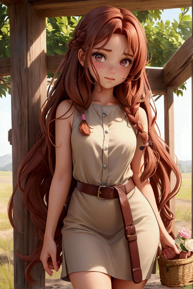 Girl Long, wavy hair with an intense reddish tone, with copper highlights under the sunlight. Her hair is usually up in a messy braid or tied with a simple fabric ribbon, with a few loose strands framing her face. Large, expressive eyes, light brown in color, with a warm glow that reflects his kindness and connection with nature. Her eyelashes are long and dark, giving a touch of sweetness to her look. Skin His skin is light with a hint of pink, slightly tanned by the sun due to the long hours he spends working outdoors. Small freckles can be noticed scattered across her face and shoulders, especially on her nose and cheeks. Face Its face is oval and soft-featured, with rounded cheeks that often turn red from physical exertion. She has full, well-defined lips, with a natural pink color. His nose is small and slightly turned up. Body with a curvy silhouette, with pronounced hips and a strong but feminine figure. Their arms and legs show defined muscles, the result of physical work, but they maintain a delicate appearance. His posture is upright and confident, but with a touch of humility. Wear a simple work dress made of sturdy fabric, such as cotton or linen, in earthy tones such as brown, beige, or olive green. The dress is worn around the edges, a sign of constant use, and is tied around her waist with a brown leather belt. His boots are sturdy, made of dark leather and a little worn, designed to withstand long days in the field. At times, she may be barefoot, showing feet that have known hard work but move with grace. Bring a basket or flowers picked from the field.