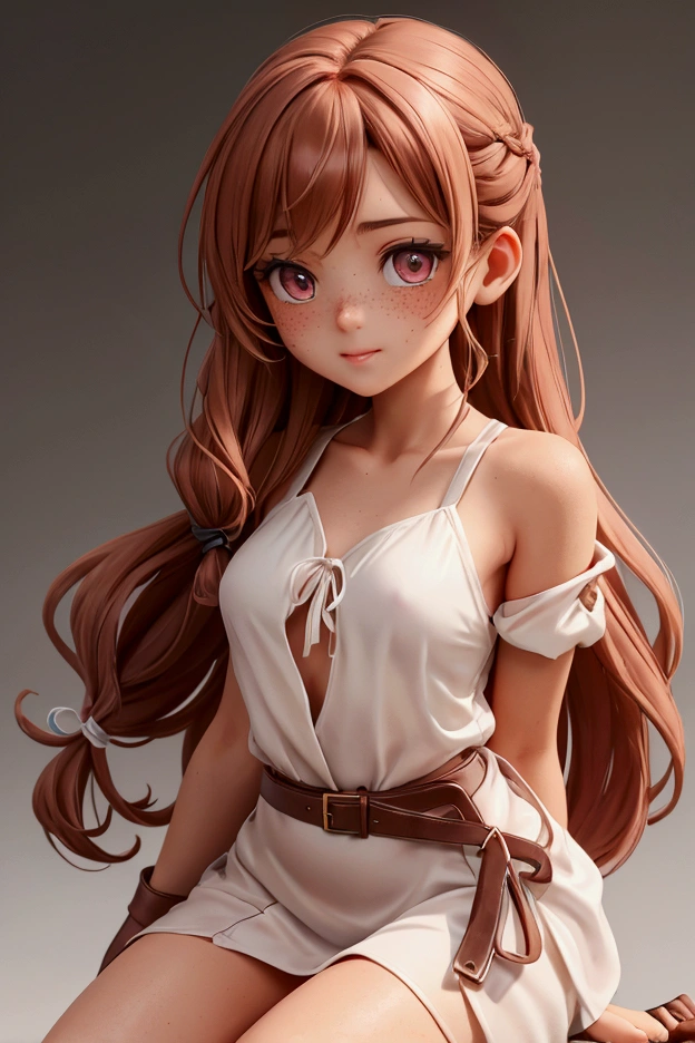 Girl Long, wavy hair with an intense reddish tone, with copper highlights under the sunlight. Her hair is usually up in a messy braid or tied with a simple fabric ribbon, with a few loose strands framing her face. Large, expressive eyes, light brown in color, with a warm glow that reflects his kindness and connection with nature. Her eyelashes are long and dark, giving a touch of sweetness to her look. Skin His skin is light with a hint of pink, slightly tanned by the sun due to the long hours he spends working outdoors. Small freckles can be noticed scattered across her face and shoulders, especially on her nose and cheeks. Face Its face is oval and soft-featured, with rounded cheeks that often turn red from physical exertion. She has full, well-defined lips, with a natural pink color. His nose is small and slightly turned up. Body with a curvy silhouette, with pronounced hips and a strong but feminine figure. Their arms and legs show defined muscles, the result of physical work, but they maintain a delicate appearance. His posture is upright and confident, but with a touch of humility. Wear a simple work dress made of sturdy fabric, such as cotton or linen, in earthy tones such as brown, beige, or olive green. The dress is worn around the edges, a sign of constant use, and is tied around her waist with a brown leather belt. His boots are sturdy, made of dark leather and a little worn, designed to withstand long days in the field. At times, she may be barefoot, showing feet that have known hard work but move with grace. Bring a basket or flowers picked from the field.