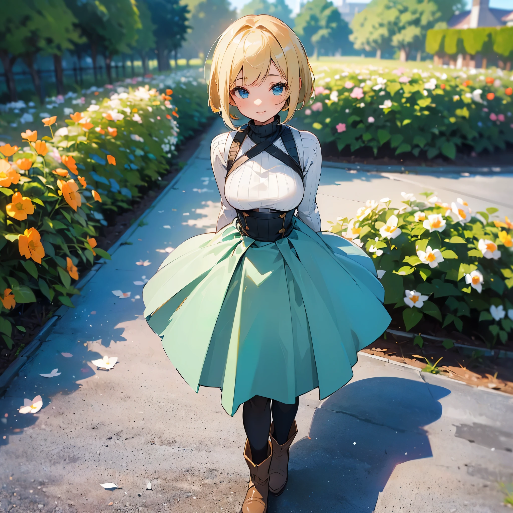 (high quality, High resolution, Very detailed, reality:1.37), Peaceful atmosphere, (Outdoor, garden), girl standing alone, (my breasts are big.), Beautiful details, Cute Smile, (Blonde Bob Hair), Ribbed sweater, Blue Skirt, Black tights, Brown boots.