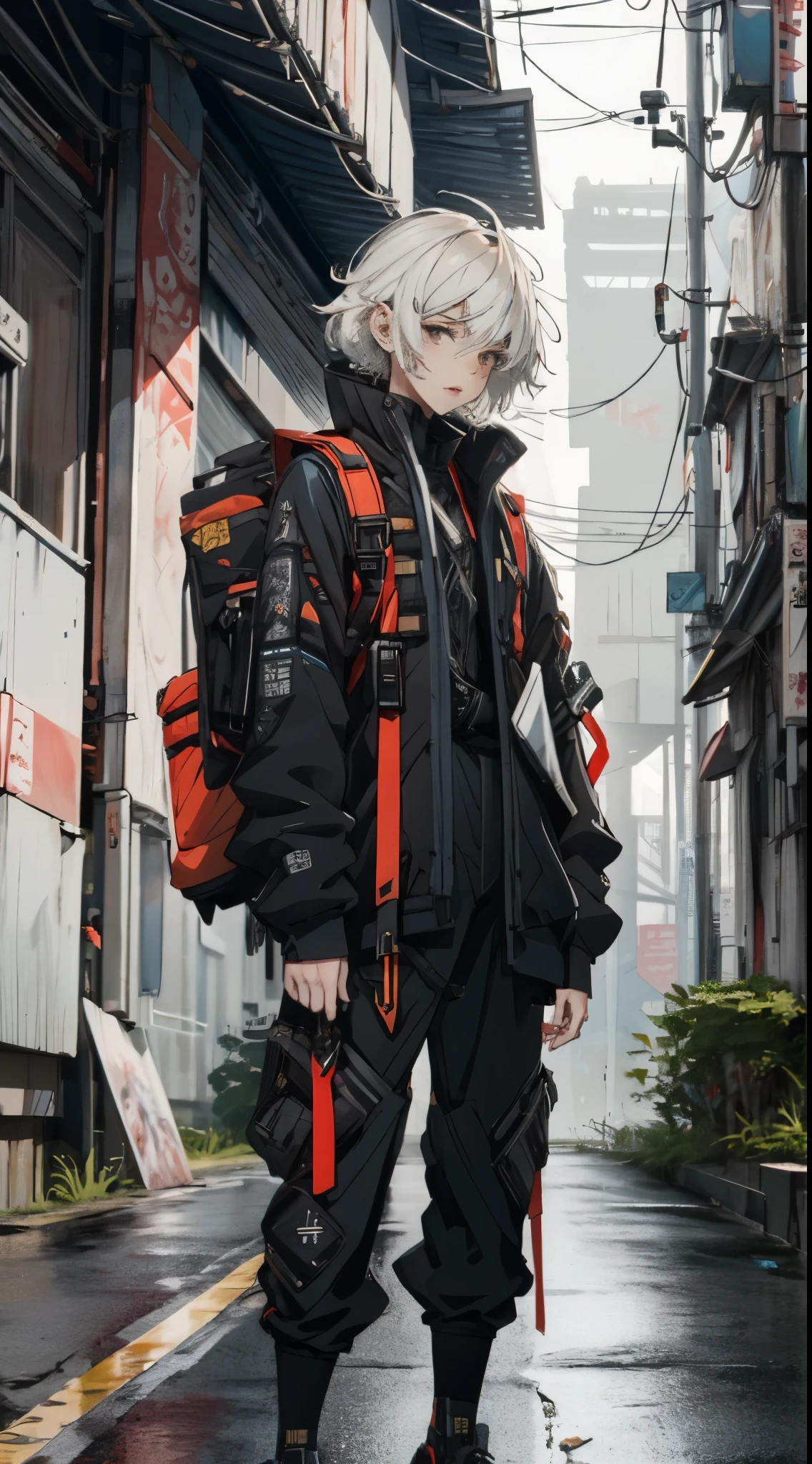 anime - style image of a woman with a sword and a backpack, guweiz, badass anime 8 k, wearing japanese techwear, artwork in the style of guweiz, anime style 4 k, e-girl, e - girl, cyberpunk streetwear, from arknights, anime style. 8k, digital cyberpunk anime art, short white hair, asymmetrical bangs, insanely detailed face and eyes, Perfect lips, (Full body photo), dramatic, cinematic lighting, fine expression, fine detail, cyberpunk art, illustration, masterpiece, drawing, anime art, in the style of Yusuke Murata.