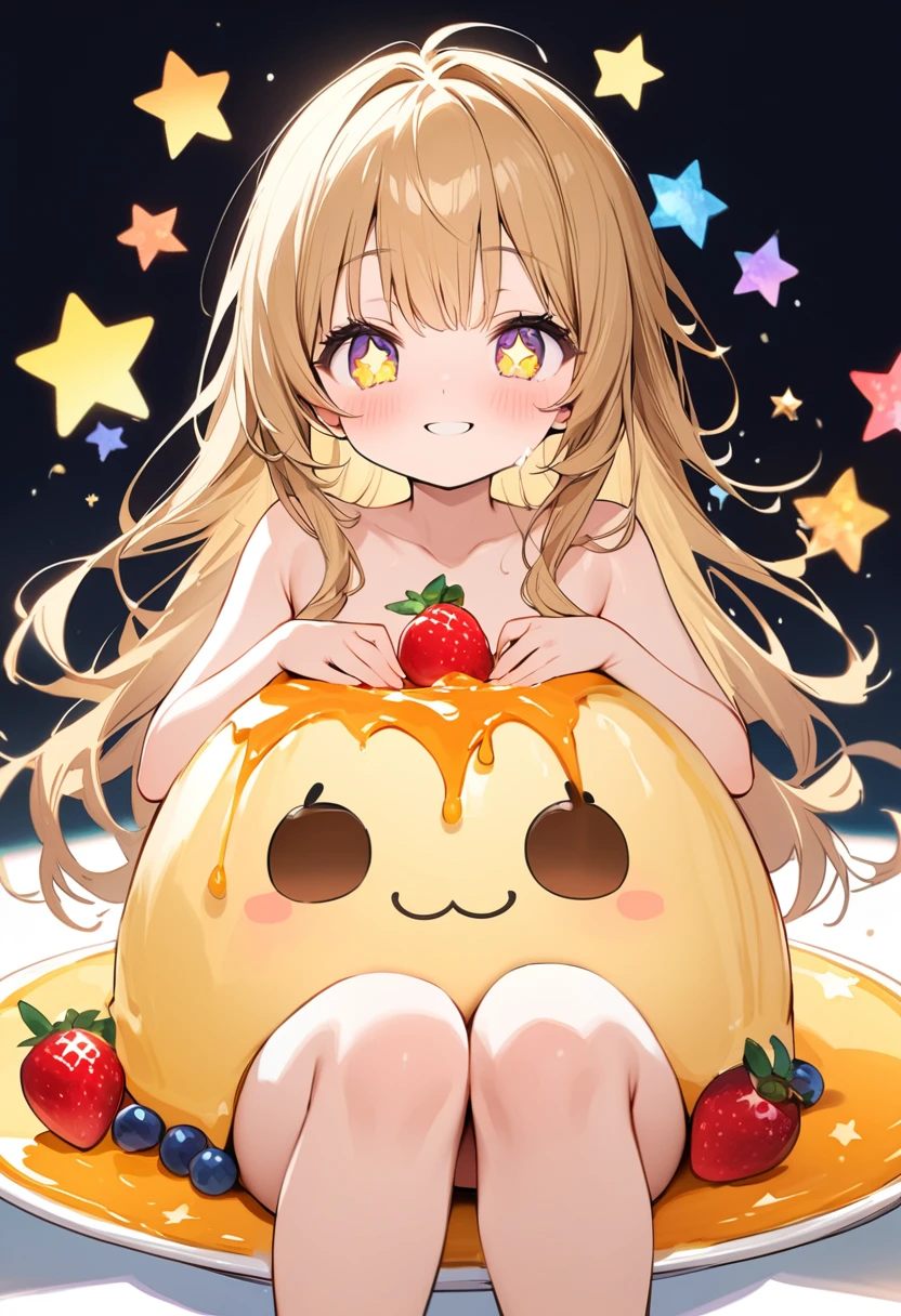 Girl、kindergarten body,cute, little、Transparent watercolor,Jewel Eyes,Beautiful arrangements and motifs、Originality、depth of fields , Fantastic, Transparency、Pudding à la mode、sit on a big pudding、caramel hair、the root of the hair is brown、yellow tips of hair、pudding motif、background yellow pop、colorful stars、pop image、Happy smile、whipped cream、many fruits floating in the air、pudding、best quality,masterpiece,topless,bottomless,cream on body