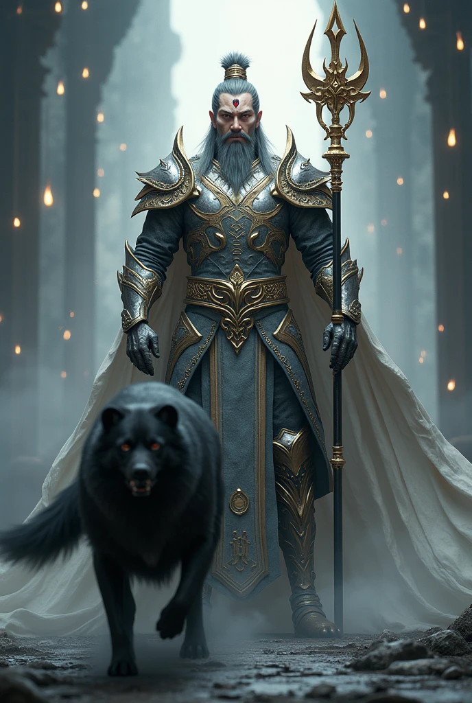 Full body photo,Unreal Engine,Chinese,Heavenly general,Erlang Shen Yang Jian,Silver shining,Holy Backlight,White streamer flying,Full of pressure,Wearing silver armor,Red eyes,(There is an extra vertical eye in the middle of the forehead:1.7),Holding a golden trident behind his back,The black growling dog followed closely behind,Ferocious face,Dark mythology style,The scene is ethereal,Ethereal,Dark Tones,Perfect composition,Smile