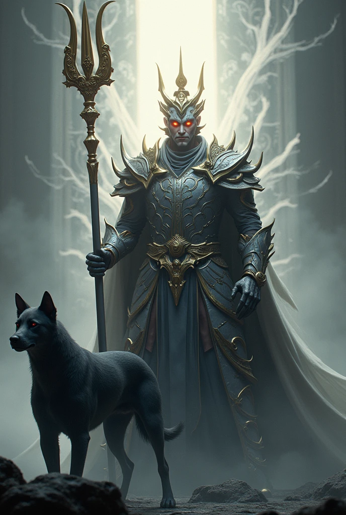 Full body photo，Unreal Engine，Chinese，Heavenly general，Erlang Shen Yang Jian，Silver shining，Holy Backlight，White streamer flying，Full of pressure，Wearing silver armor，Red eyes，(There is an extra vertical eye in the middle of the forehead:1.7)，Holding a golden trident behind his back，The black growling dog followed closely behind，Ferocious face，Dark mythology style，The scene is ethereal，Ethereal，Dark Tones，Perfect composition，Smile