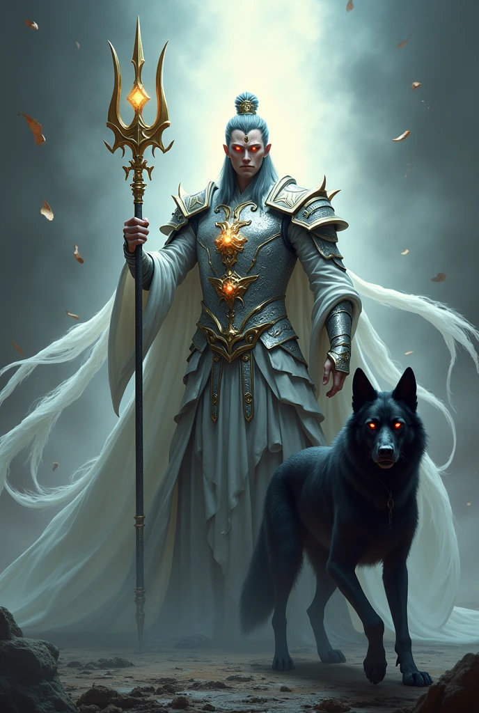 Full body photo,Unreal Engine,Chinese,Heavenly general,Erlang Shen Yang Jian,Silver shining,Holy Backlight,White streamer flying,Full of pressure,Wearing silver armor,Red eyes,(There is an extra vertical eye in the middle of the forehead:1.7),Holding a golden trident behind his back,The black growling dog followed closely behind,Ferocious face,Dark mythology style,The scene is ethereal,Ethereal,Dark Tones,Perfect composition,Smile