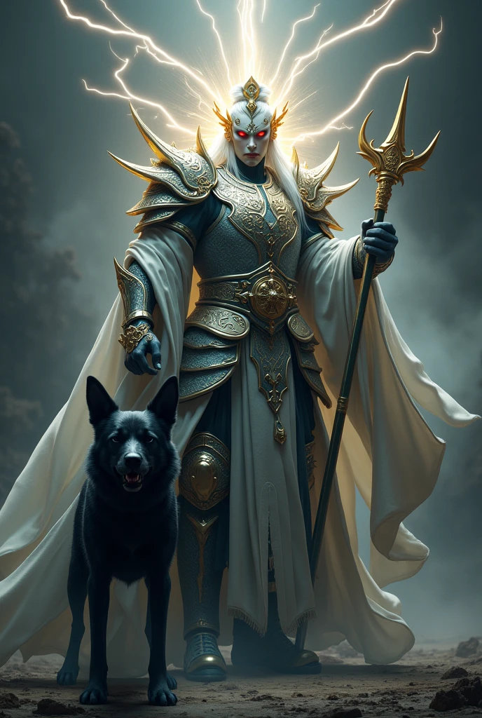 Full body photo,Unreal Engine,Chinese,Heavenly general,Erlang Shen Yang Jian,Silver shining,Holy Backlight,White streamer flying,Full of pressure,Wearing silver armor,Red eyes,(There is an extra vertical eye in the middle of the forehead:1.7),Holding a golden trident behind his back,The black growling dog followed closely behind,Ferocious face,Dark mythology style,The scene is ethereal,Ethereal,Dark Tones,Perfect composition,Smile