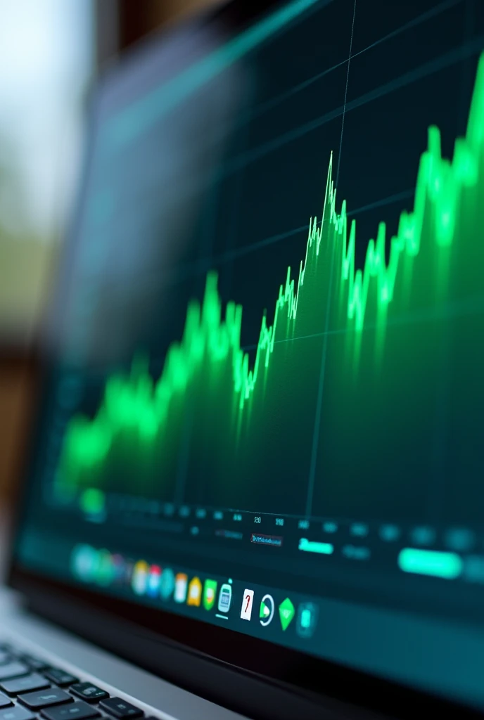 A realistic close-up image of a computer screen showing an Excel spreadsheet with a chart that is blurred in the background. The screen is the only visible element, with no background or surrounding objects. In the foreground, a clear and sharp green ascending line graph is prominently displayed, indicating growth or progress.