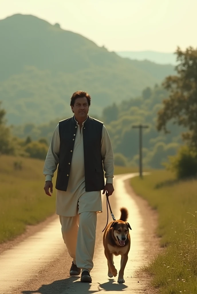 Imran Khan walking to the road with dog