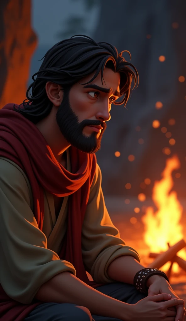 A close-up of Judas sitting alone, deep in thought, with the campfire flickering in the background. His face shows a mix of ambition and doubt, capturing his internal conflict.Disney Pixar, Cartoon Style