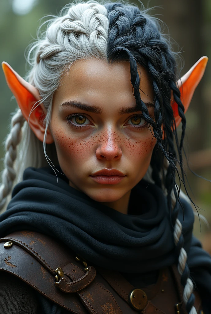 A female halfling whose braided hair is white and black. She is wearing dark leather armor with a black cloak. Her eyes are brown. She has a few freckles across her nose. She is an older woman. There is a little dirt on her cheek and forehead.